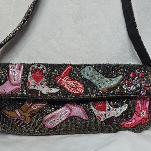 Embellished Western Boot Pattern Shoulder Bag Beautiful Hand Beaded